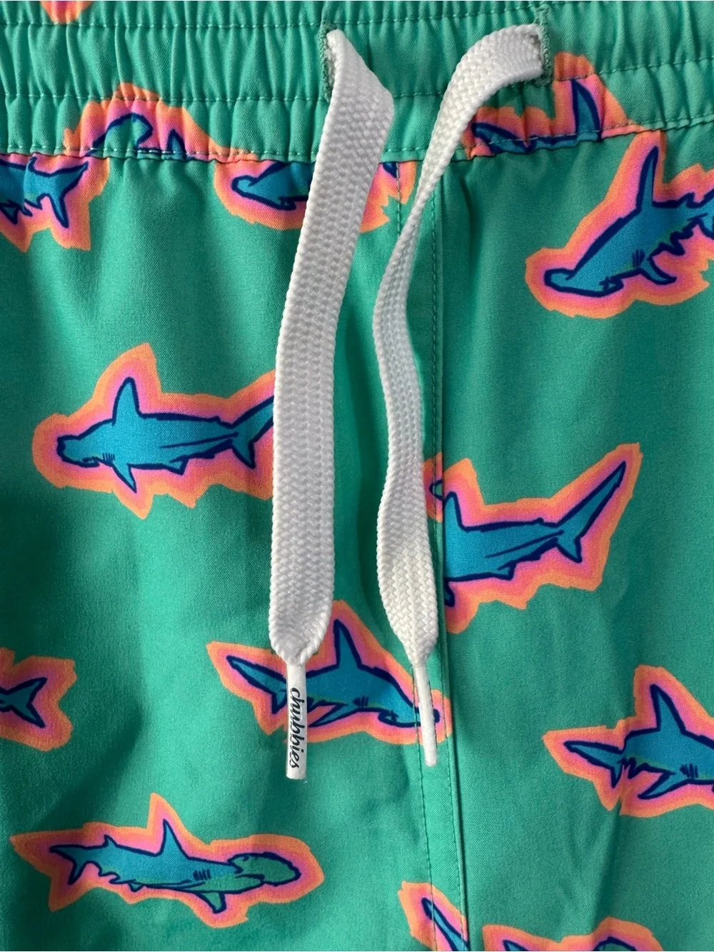 chubbies Kids Aqua Shark Print Swim Trunks - Teal & Pink 14/16